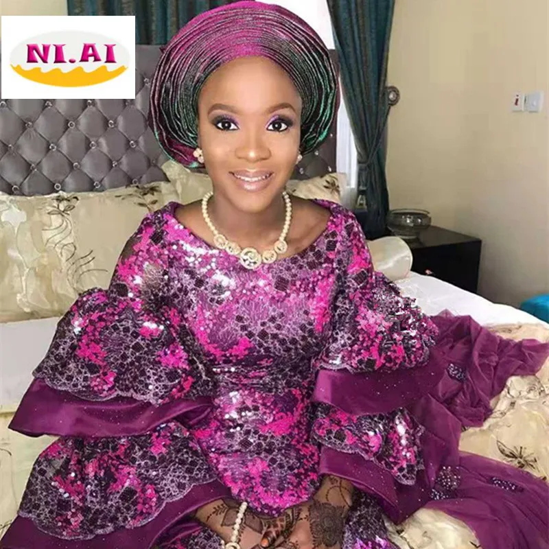 

2019 High Quality African Lace Fabric Organza French Net Embroidery Sequins Tulle Lace Fabric For Nigerian Party Dress XY2489B-4