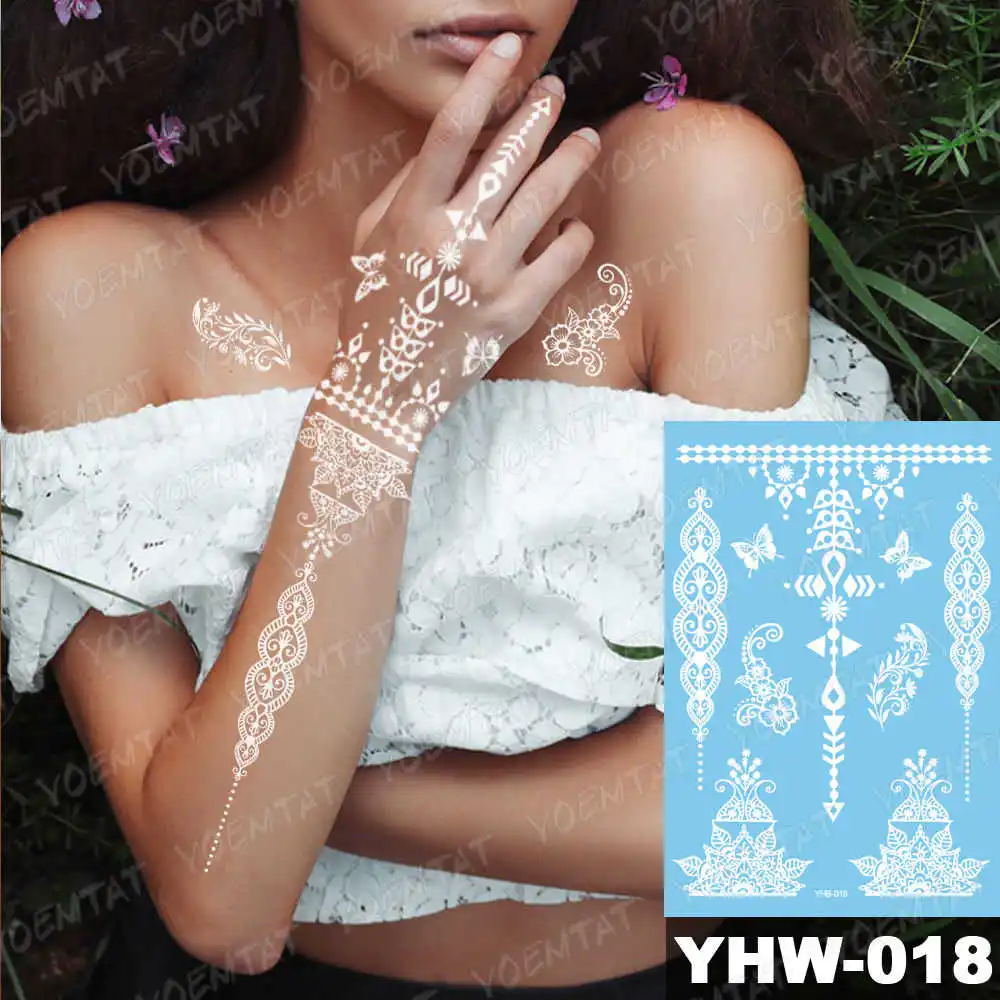 14-YHW-018 1 шт., модные, блестящие, водонепроницаемые, тату, для женщин, белые чернила, хна, тату, драгоценный камень, кружева, цветок, для невесты, тату, мандала, Временные татуировки, наклейка - Цвет: 14-YHW-018