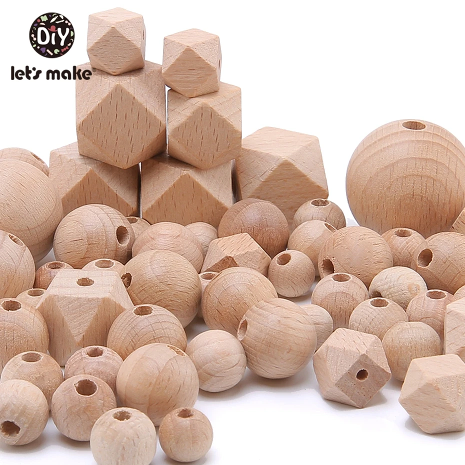 Let's Make 100pc Beech Hexagon Wooden Teether Beads Round 12-30mm Baby Rattle Beaded Wood Baby Teether Wooden Toys