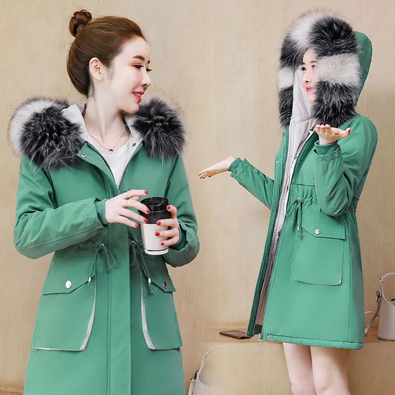 

Embroidered Large Fur Collar Cotton Coat 2019 Winter New Style Korean-style Hooded Mid-length plus Velvet Warm Cotton-padded Clo