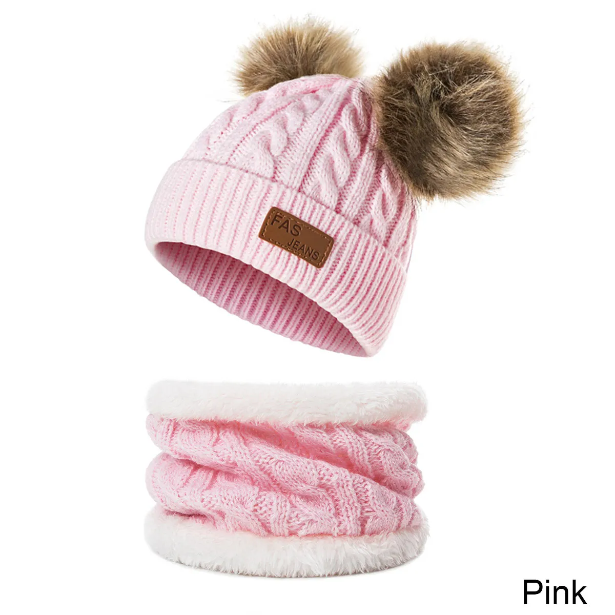 Новая детская зимняя шапка, шарф, комплект для мальчиков и девочек, теплые вязаные вещи для зимы, шапка, однотонный плотный вельветовый шарф для детей 0-3 лет - Цвет: pink