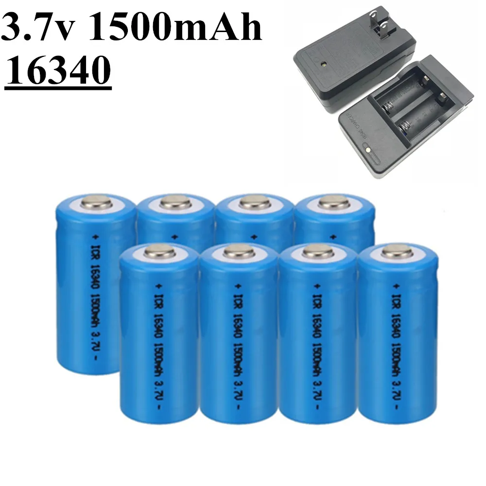 

CR123A 16340 Battery 3.7V 1500mAh Rechargeable Li-ion Batteries and LED Flashlight Travel Wall Charger For CR123A