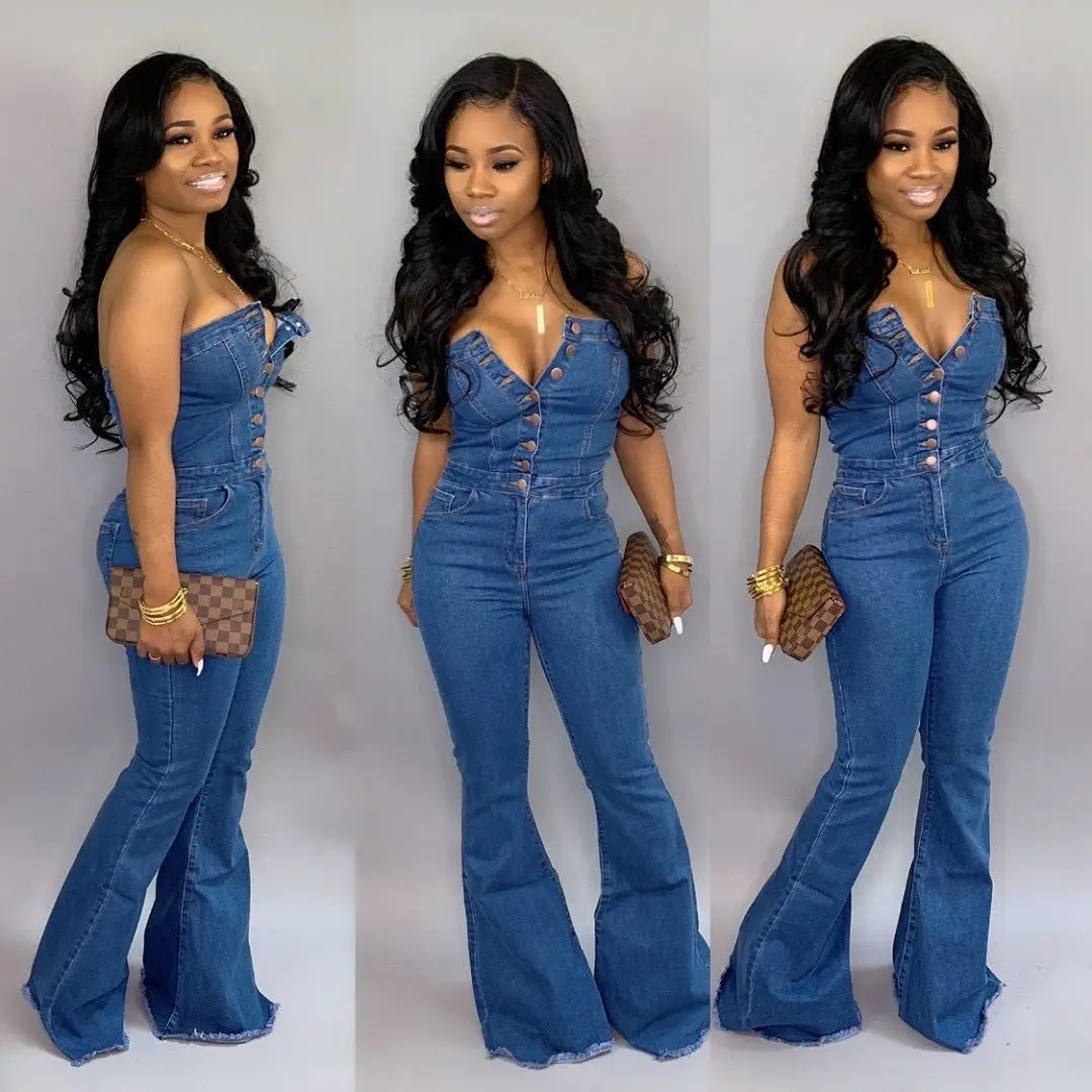 

Women's Sleeveless Wrapped Chest Casual Style Horn Denim Jumpsuit Women Streetwear S-xl Sizes Denim Jumpsuits for Women 2019