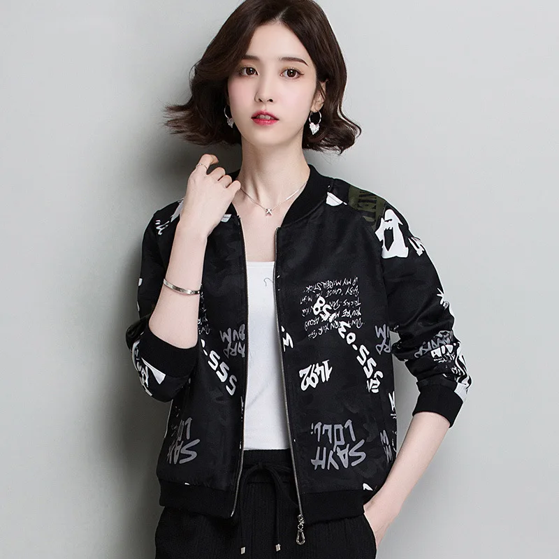 

2019 Spring New Style Baseball Uniform Printed Korean-style Stand Collar Spring Clothing Jacket Loose Casual Tops Short Coat Wom
