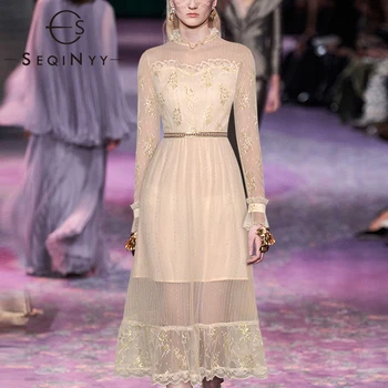 

SEQINYY Elegant Dress 2020 Summer Spring New Fashion Design Women Long Sleeve Emboidery Golden Flowers Lace Mesh Midi Dress