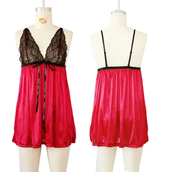 

Sexy Sleepwear Soft Sleepdress Deep V Lace Lingerie Faux Silk Night Dress Women Spaghetti Strap Nightgown Satin Homewear