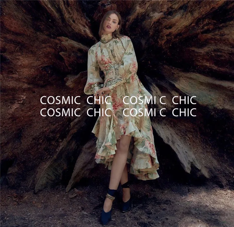 Cosmicchic подиумное винтажное платье макси с цветочным принтом, Необычные Вечерние платья с длинным рукавом-фонариком, элегантное женское платье с поясом