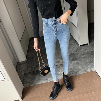 

Korean Fashion Jeans Women High-waist Three-button Slim Stretch Skinny Ankle Length Casual Pencil Jeans Female Summer