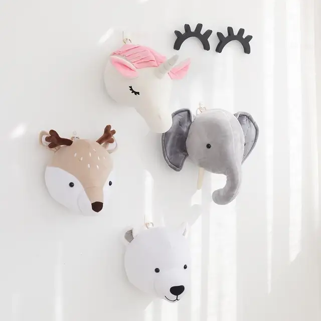 Plush Head Elephant Unicorn Deer Nursery Childhood Room Decor Wall Hangings for Baby Bedroom Wall Mount Kids Stuffed Animal Toys 1