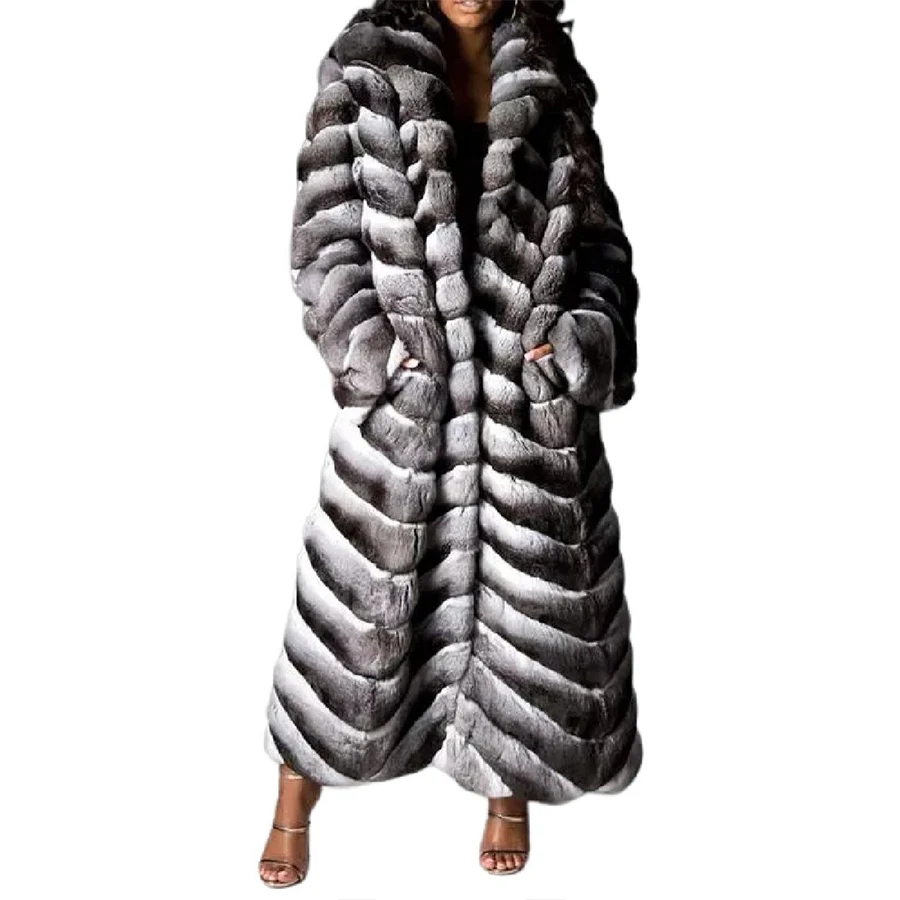 

Women Fur Jacket Winter Warm Coat Chinchilla Colored Fur Overcoat Long Customized Fast Shipping