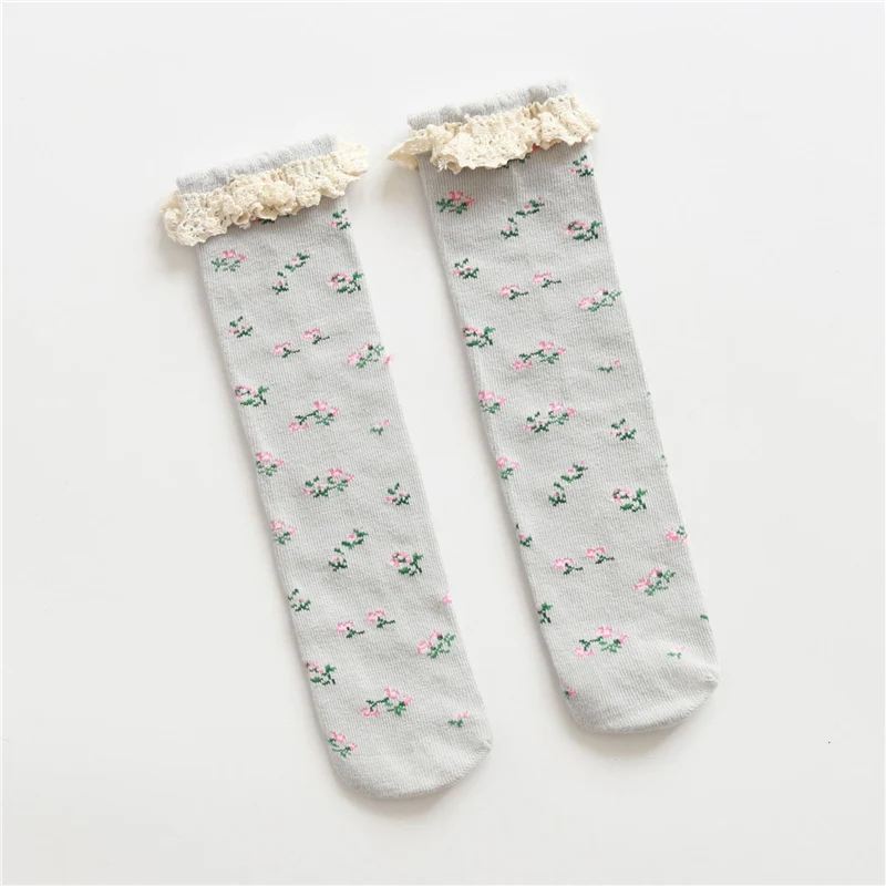 Носки для девочек кружевные носки с оборками Детские хлопковые носки в стиле Харадзюку в винтажном стиле с цветочным принтом в стиле ретро для детей, гольфы принцессы - Цвет: Light Grey