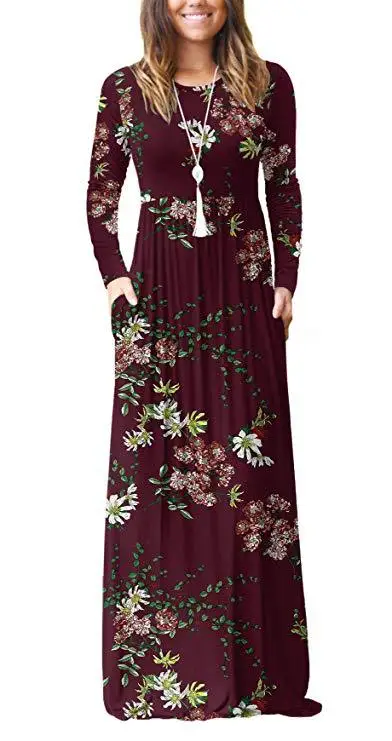 

Vintage floral print women dress Casual double pocket long sleeve o-neck A-line maxi dress with pocket Fall 2021 long dresses