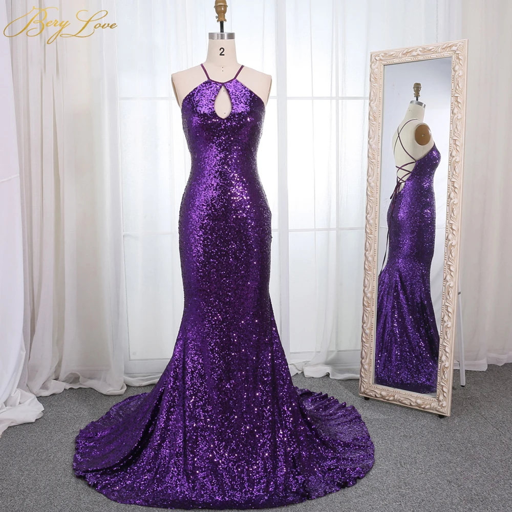 BeryLove Модные фиолетовые Вечерние платья с блестками Длинные вечерние платья с открытой спиной Женские Элегантные вечерние сексуальные платья на выпускной