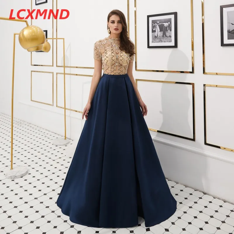 High Neck Short Sleeve Prom Dresses Sweep Train Satin A Line Formal Party Prom Gown for Women New Evening Dress Plus Size - Цвет: as picture
