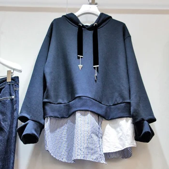

New Spring Fall Women Loose Hooded Shirts Stripe Splicing Fake Two Piece Sweatshirt Female Long Sleeve Student Cap Top Hoodies
