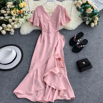 

Summer Dress Temperament Sexy Show Thin Ruffle Front Short Back Irregular Fish Tail Closed Waist Dress V-neck Female Vestidos