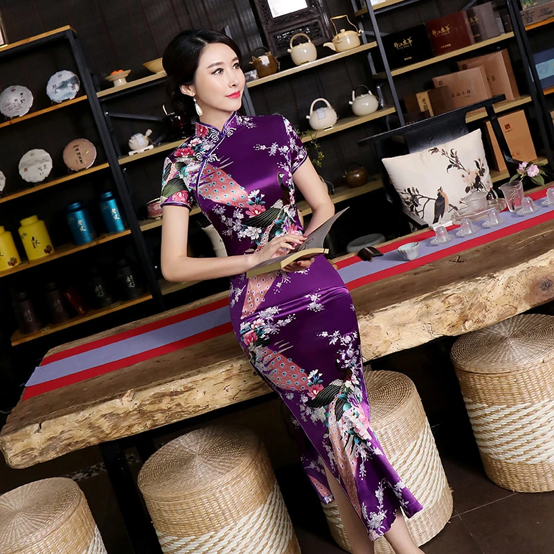 Chinese Mini Cheongsam Women Silk Satin Dress Plum Blossom Gown Size S to 2XL