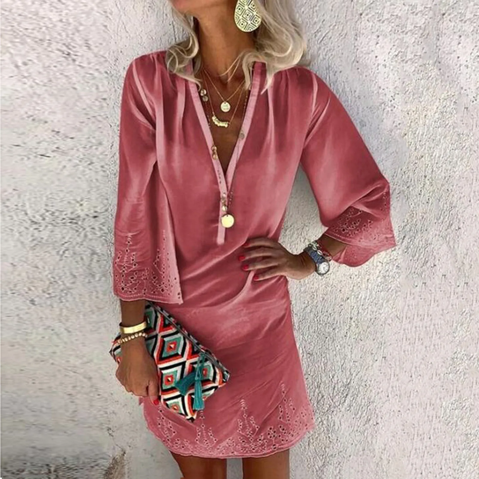 Luxurious Sequin V-neck Dress Women Sexy Three-quarter Sleeve Print Button Dress Solid Color Flared Sleeve Dresses Vestido femme 2