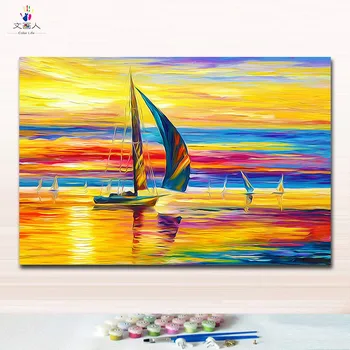 

diy paintings coloring pictures by numbers on canvas Kandinsky abstract Seaside sailing artwork handmade for hoom decor