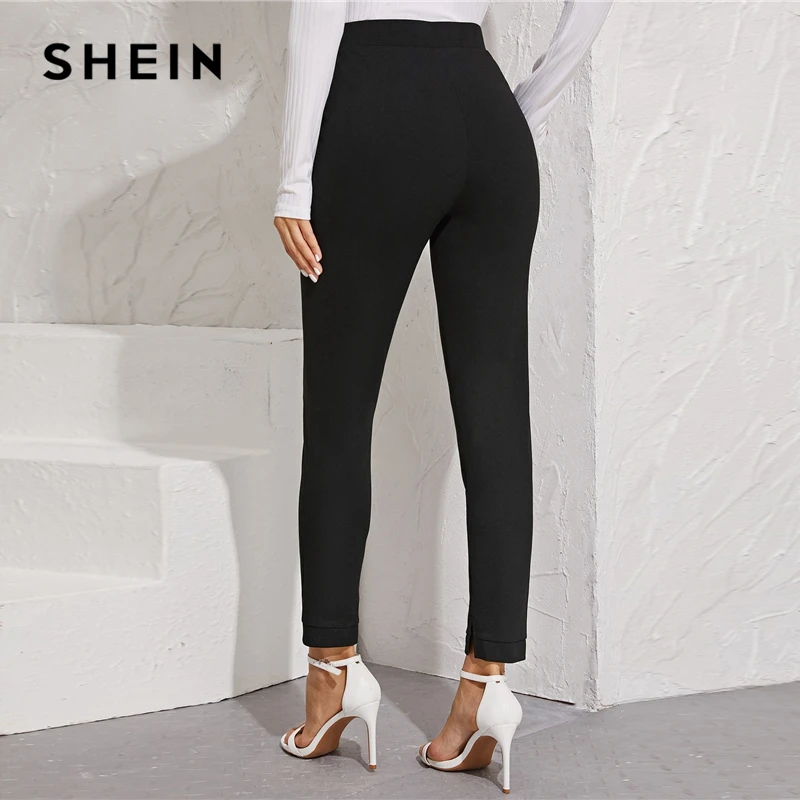 Najtaniej SHEIN jednolita elastyczna talia kieszeń boczne rozcięcie Hem eleganckie spodnie damskie spodnie jesień wysoka talia biurowa, damska spodnie skinny fit