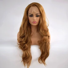 Высокая плотность, ручная вязка, блонд, натуральная волна, высокая температура, волокно, жаростойкий, без клея, синтетический передний парик на шнуровке для всех женщин