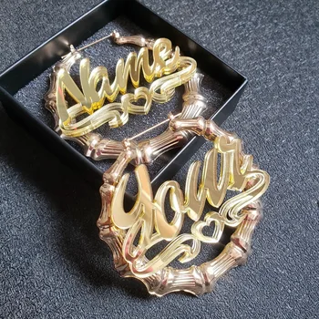 

New Ethnic Style Geometric Custom woods name Hoop Earrings Alloy Tone Bamboo Punk Women Big Hollow Creole Women