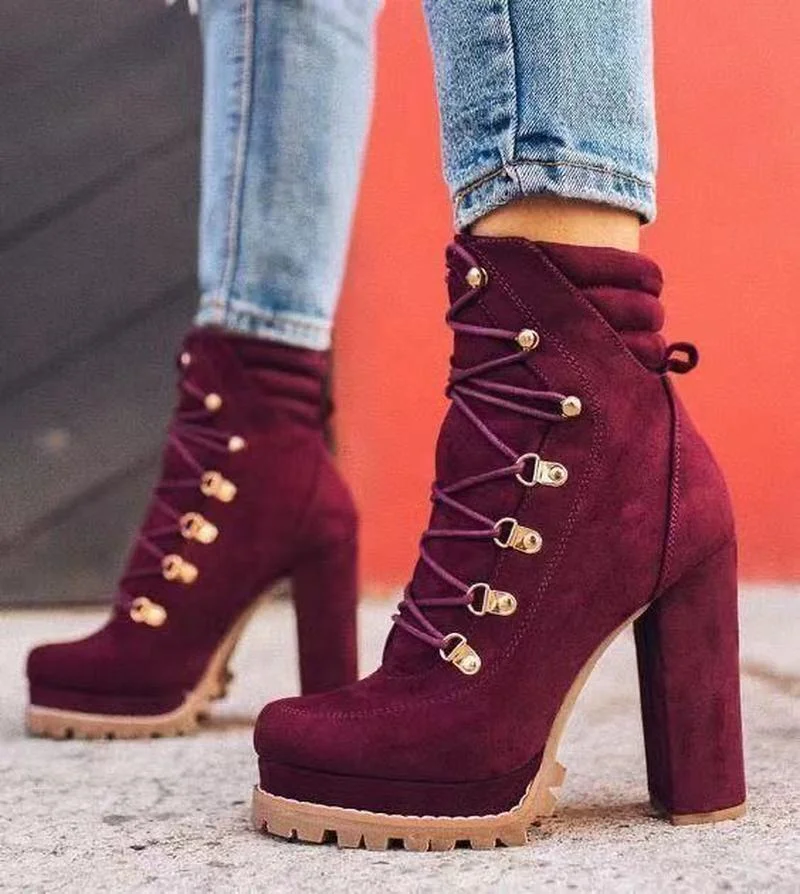 2021 Women Flock Rivet Ankle Boots Female Square High Heels Autumn Fashion Sexy Lace-Up Shoes Ladies Retro Footwear Plus Size 43 | Обувь
