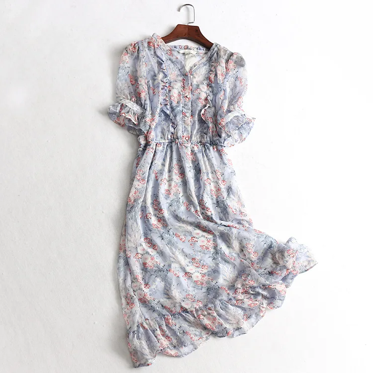 

One-Piece Epoxy Tooling Board Ear V-neck Elastic Waist Short Sleeve Slim Fit Chiffon Skirt Women's Fashion Dress Entity