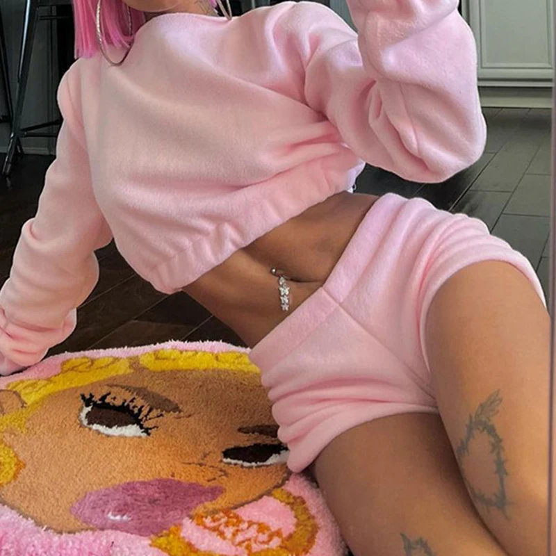 

Cute Fashion Trendy Slim Casual Shorts Suits 2 Pieces Sets Full Sleeve Crop Top+Back 2 Pockets Shorts Women Daily Life Sportwear