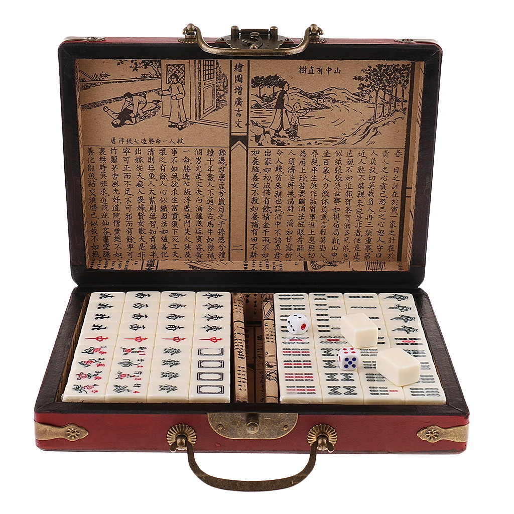 Китайская антикварная настольная игра маджонг 144 маджонг в деревянной коробке 23x16,2x4,5 см