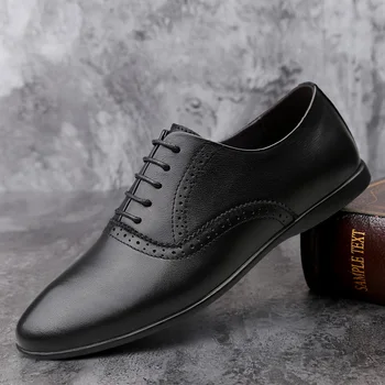 

Men Oxford Genuine Leather Dress Shoes fashion Brogue Lace Up Flats Male Casual Shoes business Black wedding party shoes j3