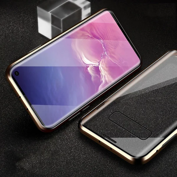 Магнитный металлический чехол для samsung Galaxy S10 Lite S9 S8 Plus Note 10 Pro 9 8 A7 A50 A60 A70 двухстороннее закаленное стекло - Цвет: Gold