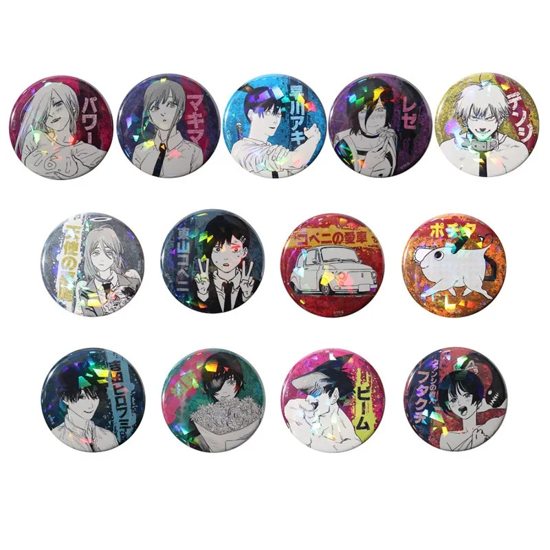 

Chainsaw Man Badge Laser Shiny Medal Denji Pochita Power Makima Reze Badges Metal Brooch Cosplay Props Dia 58mm