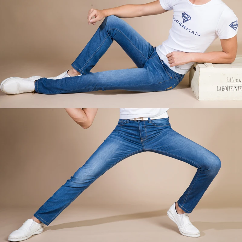 Летний мужской тонкий светильник джинсы Бизнес повседневные Стрейчевые тонкие джинсы светильник синие брюки мужские Брендовые брюки размера плюс