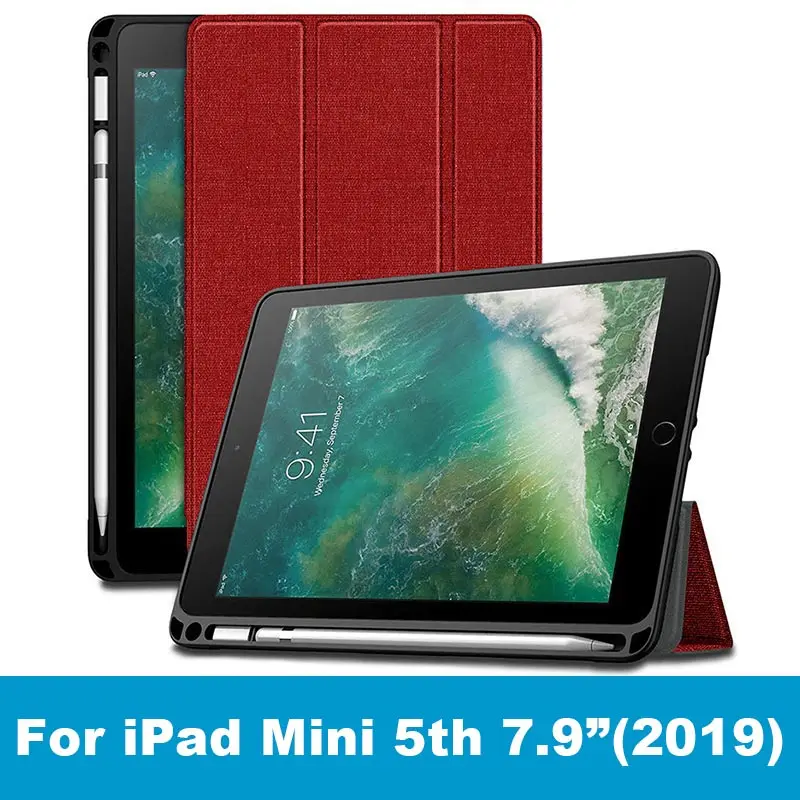 Чехол для нового iPad mini 5, 7,9 дюйма, дюйма, с держателем для карандашей, умный чехол из искусственной кожи, тканевый силиконовый чехол для iPad mini 4 Funda - Цвет: mini 5-Red