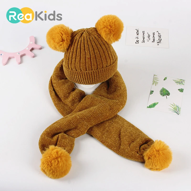 REAKIDS/Коллекция года; комплект из шапки и шарфа для маленьких девочек; зимняя шапка с помпоном для мальчиков; детский вязаный шарф с помпоном