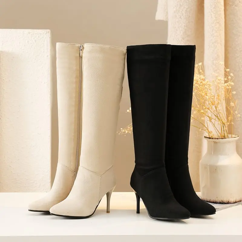 EGONERY/пикантные сапоги до колена модная Осенняя женская обувь на тонком высоком каблуке 9 см; цвет бежевый, черный; большие размеры 35-45; Прямая