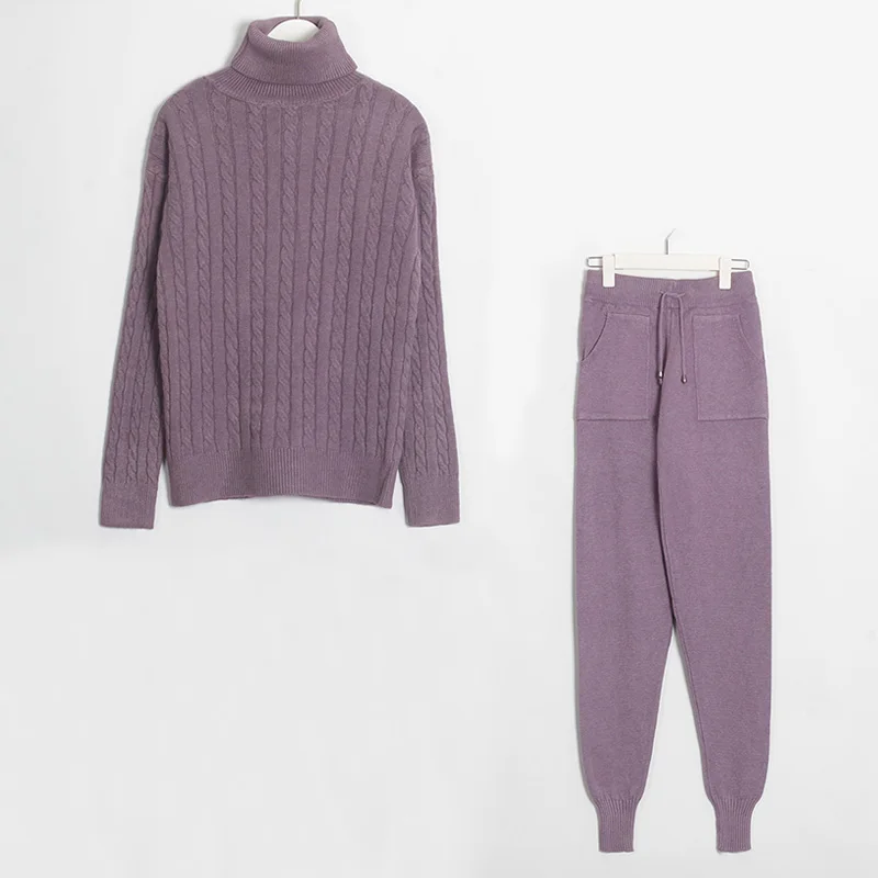 Wixra Stylish Knit Suit Womens Casual Solid Two Piece Sets Turtleneck Sweater and Lace-up Pant Female Suits Autumn Winter - Цвет: Purple
