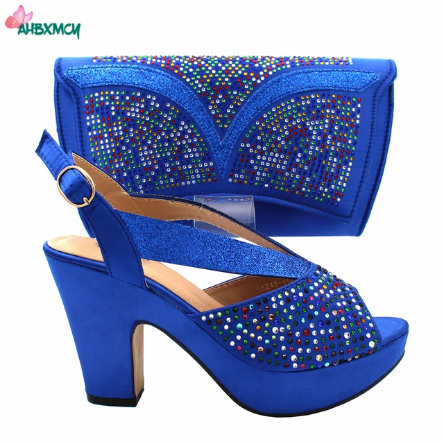 Latest Sexy Women High Quality Italian Ladies Shoes and Bag Set in Royal Blue Color with Shinning Crystal for Wedding 2