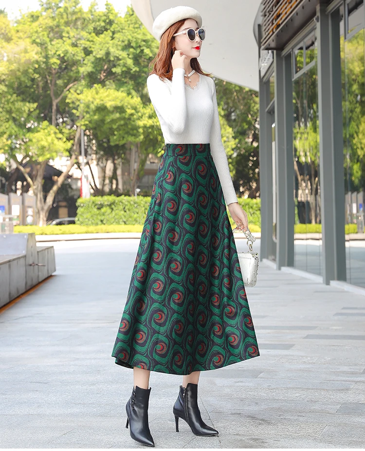 Длинные юбки для женщин Зимняя юбка шерсть длинный красный и зеленый Флористический с высокой талией юбка плюс размер линия макси юбки для женщин