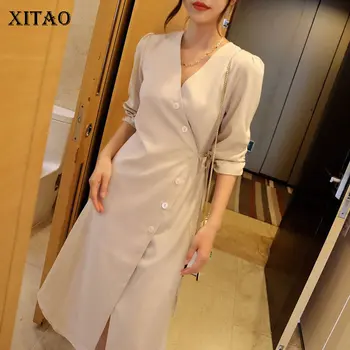 

XITAO Korean Women V Neck Drawstring Dress Half Temperament 2020 Spring Summer Small Fresh New Women Dress DMY4757