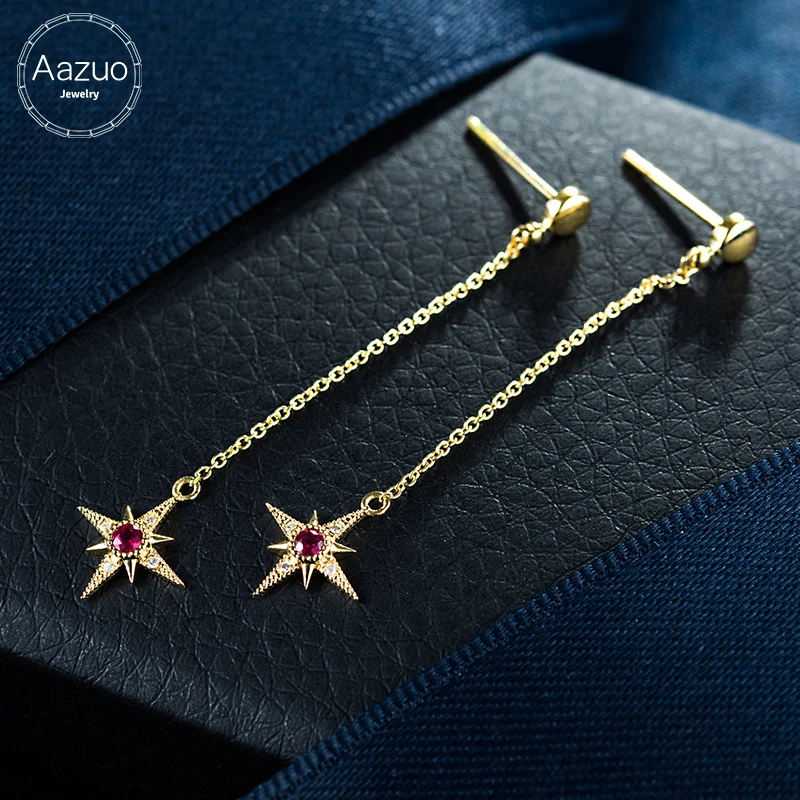

Aazuo 100% Real 18K Yellow Gold Natrual Ruby Line & Chain Star Drop Earrings for Woman Gift Charm Jewelry Fashion tiny Au750