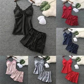 

Womens Sexy Satin Sling Sleepwear Lingerie Lace Nightdress Underwear Set Pajama Sets Cute Pyjamas Cami Top and Shorts Mujer