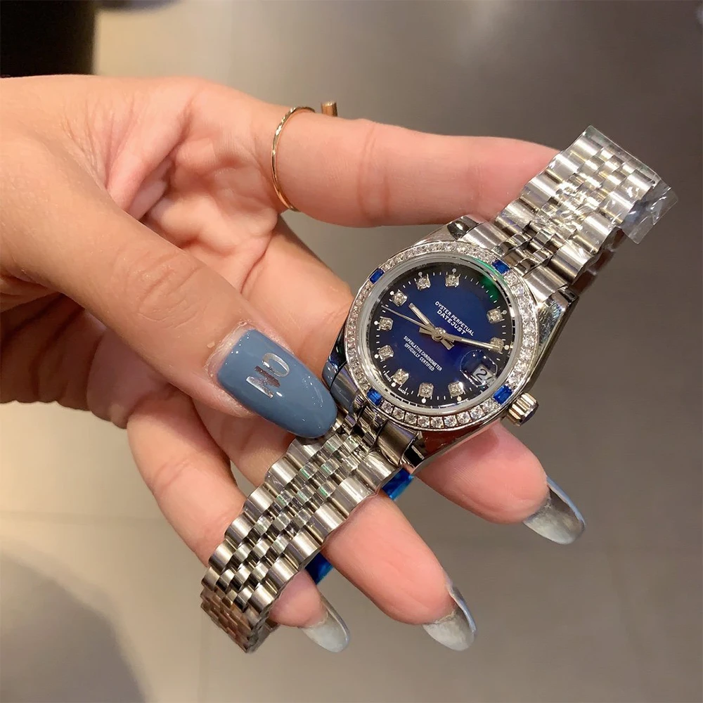 

2 colors AAA New Color Rlx Oyster Stainless Steel With Calendar Quartz Crystal diamonds handmade Watch women Casual Watches