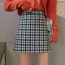 Шикарные клетчатые мини юбки, женская уличная одежда, зима-осень, высокая талия, сексуальные юбки размера плюс, Корейская женская шерстяная юбка, jupe femme