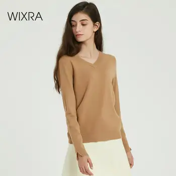 Wixra женский свитер вязаный Свободный пуловер Топ осень зима длинный рукав сплошной мягкий джемпер V образным вырезом