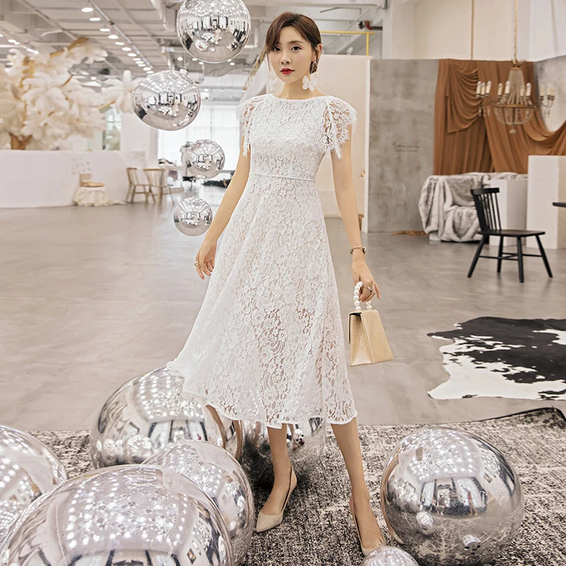 

YIGELILA Summer White Big Swing long Dress A-line O-neck Short Sleeves Mid-calf Lace Elegant Dress 65064
