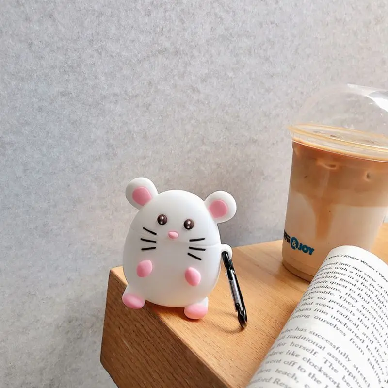 Cute Mouse Pattern Protective Case Silicone Cover with Carabiner for Airpods 1/2 for smart watch