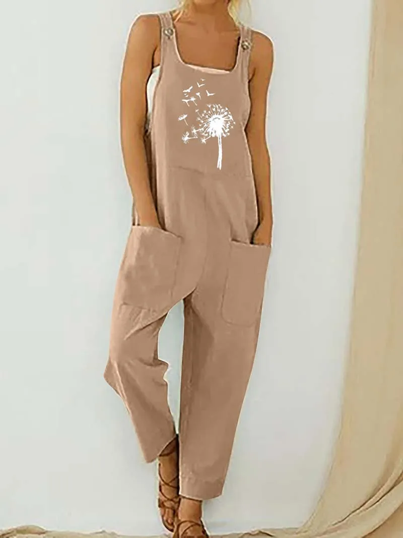 Womens Dungarees Print Rompers 2021 Summer New Ladies Casual Loose Linen Cotton Jumpsuit Sleeveless Pocket Overalls Playsuit