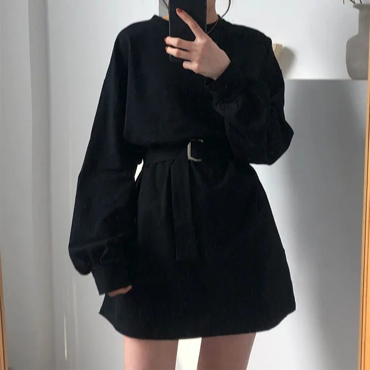 

7 Colors Women Long Sleeve A-Line Mini Dress Empire Autumn Solid Color High Waist T Shirt Dress Casual Loose Dress